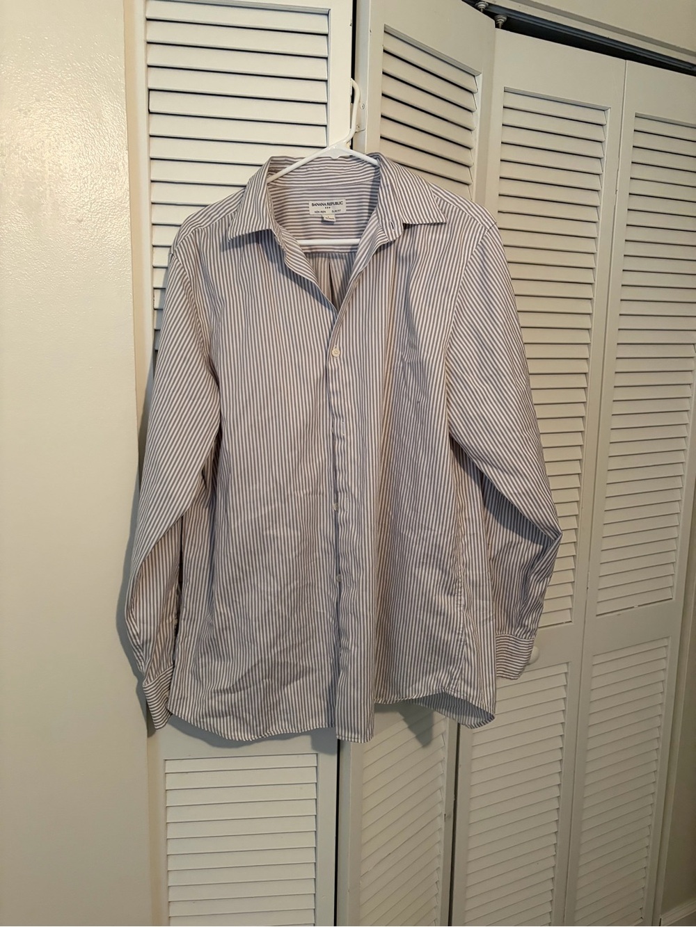 Banana Republic White and Taupe Striped Slim-Fit Button-Up Shirt